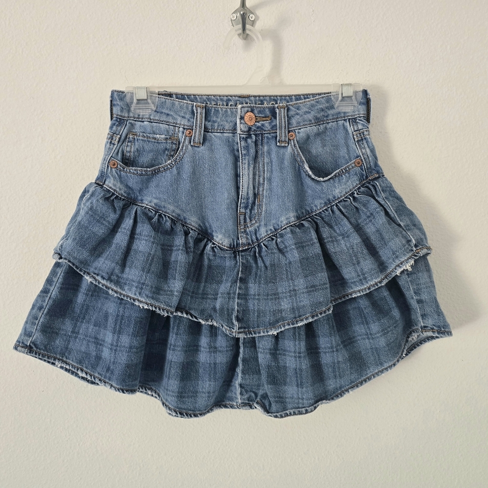 American Eagle Ruffle Tiered Denim Skirt 00 - Picture 2 of 6